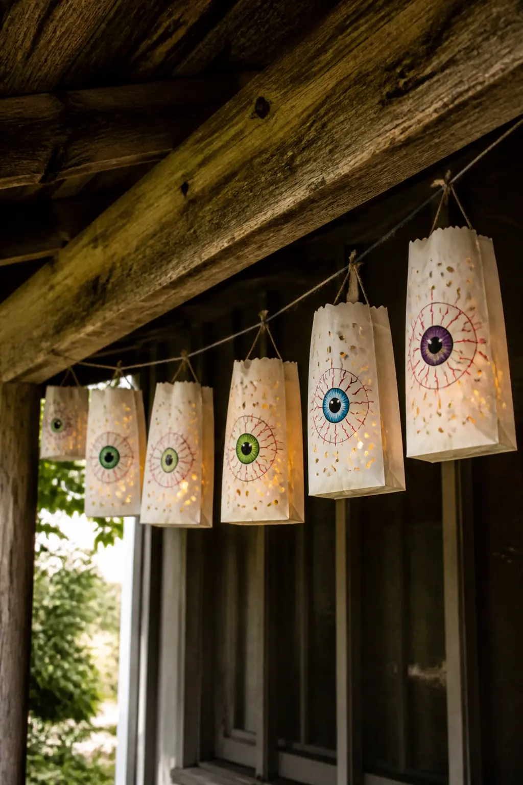 Eyeball Luminaria Bags — Punch a ring of small holes in the sides of white paper lunch bags to suggest veins, then draw or stamp an iris on the front.