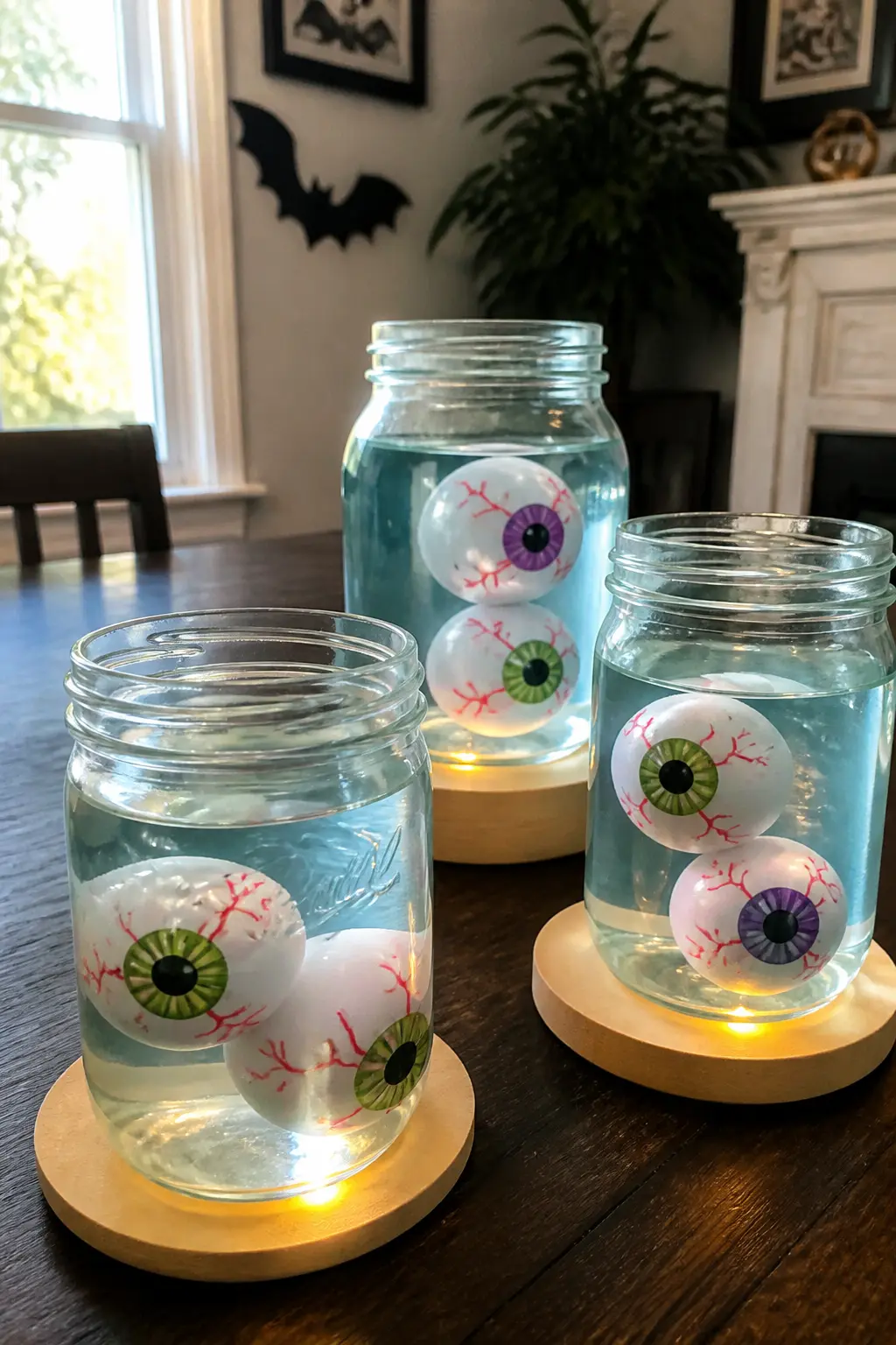 Eyeball Mason Jar Centrepiece — Fill wide-mouth mason jars with water tinted a very pale green or blue using a drop of food colouring, then drop in two or