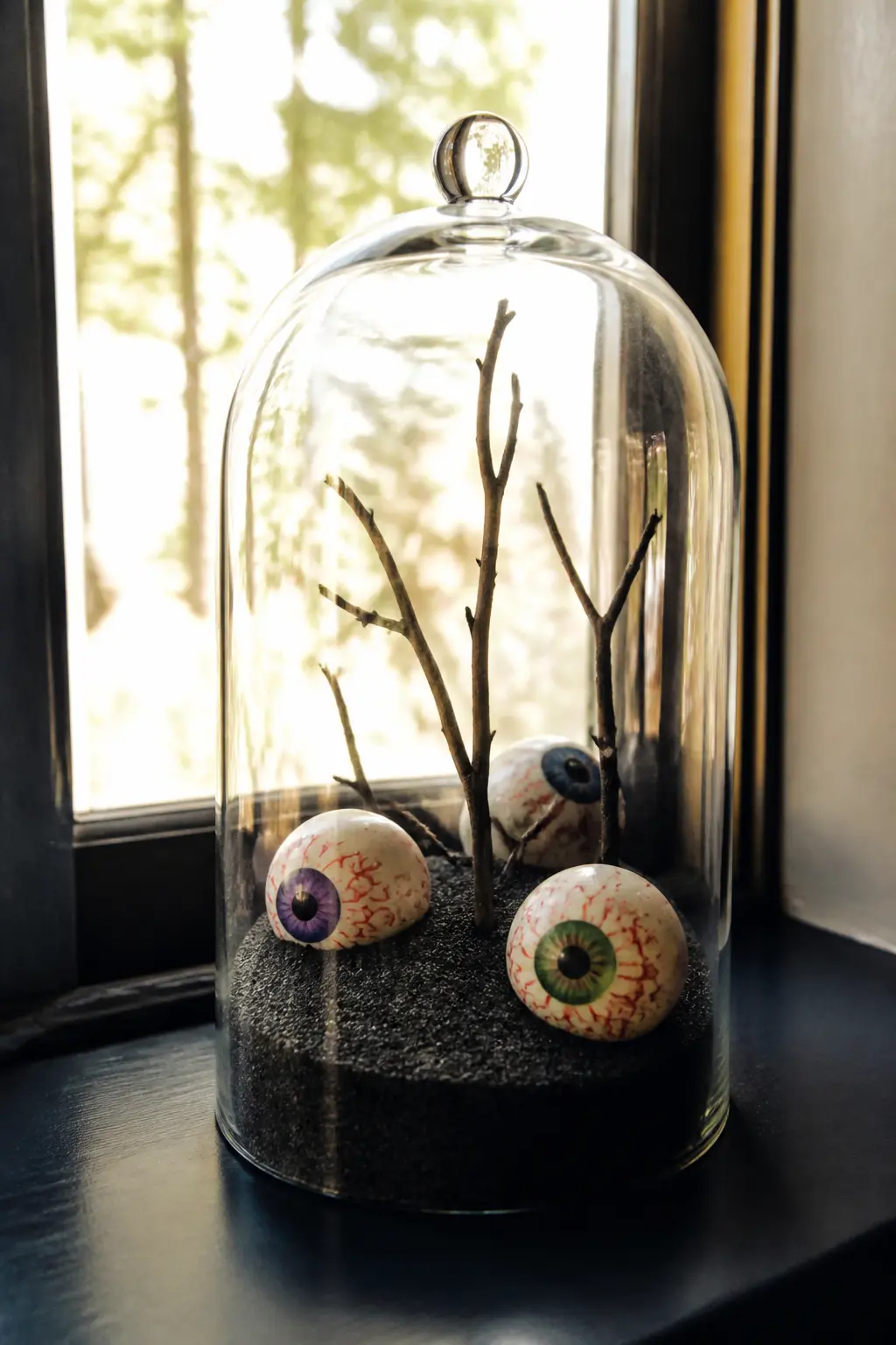 Eyeball Terrarium — Fill a glass cloche or a large glass bowl with a layer of dark potting soil or black sand, then press three or four painted ping-pong
