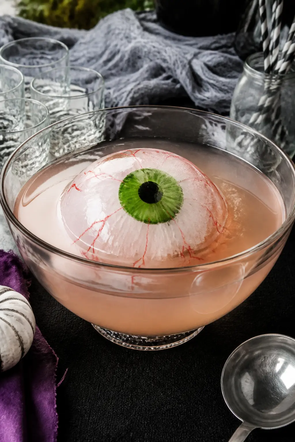 Floating Eyeball Punch Bowl — Freeze water tinted red with food colouring into a round silicone mould, then paint a simple iris and pupil on the flat top