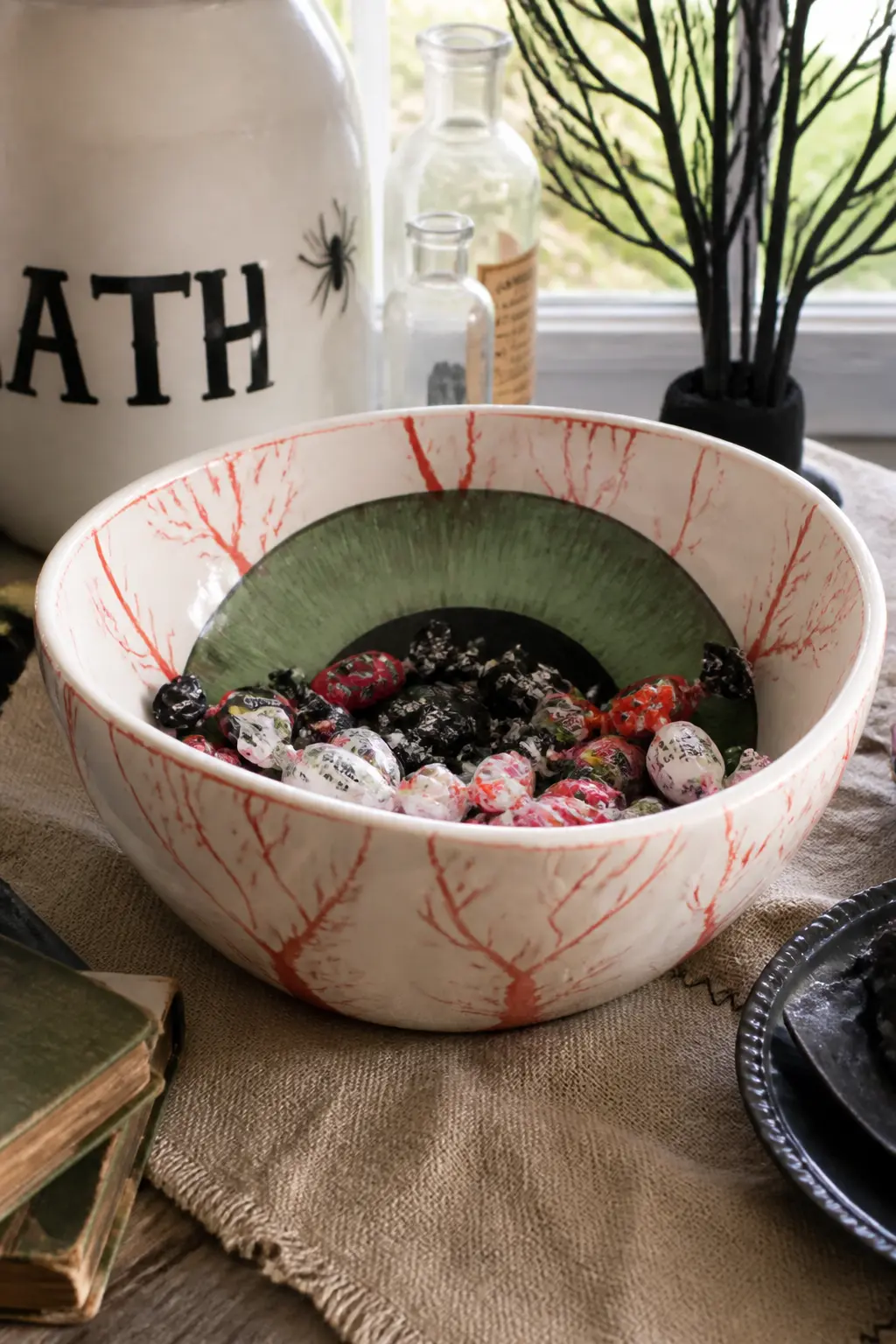 Giant Eyeball Serving Bowl — Paint a large white mixing bowl as an eyeball, treating the interior as the iris. Halloween decorations diy eyeballs