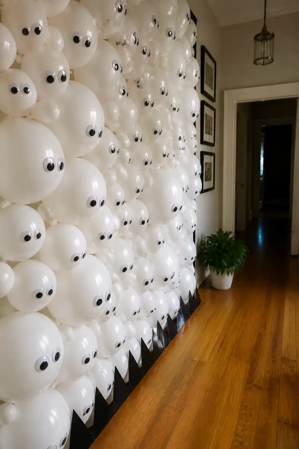 Googly Eye Balloon Photo Wall — Cover a flat wall section with white balloons pinned or taped in a tight grid, then stick two large self-adhesive googly eyes