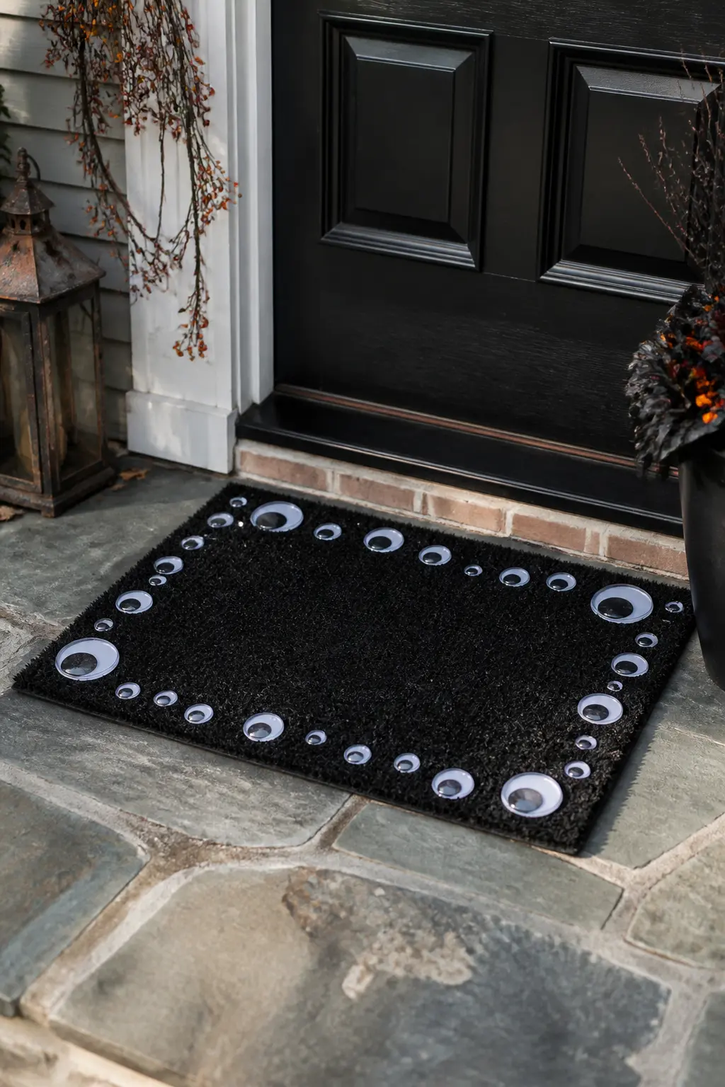 Googly Eye Doormat Border — Glue large googly eyes (40mm or bigger) around the border of a plain black coir doormat using waterproof outdoor adhesive.