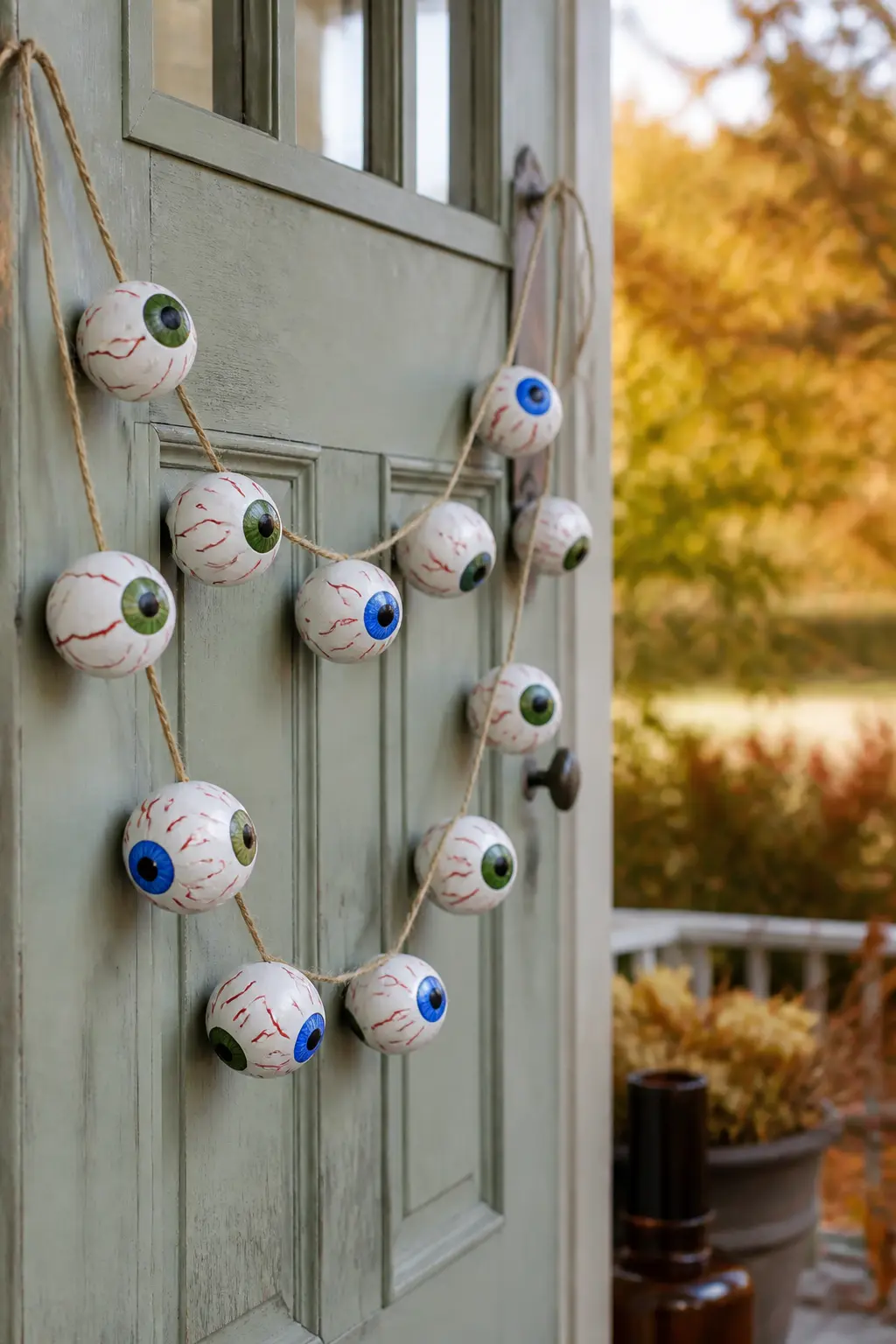 Jute-Strung Eyeball Garland — Thread ping-pong balls or small styrofoam balls onto jute twine, knotting between each one so they stay evenly spaced. Halloween