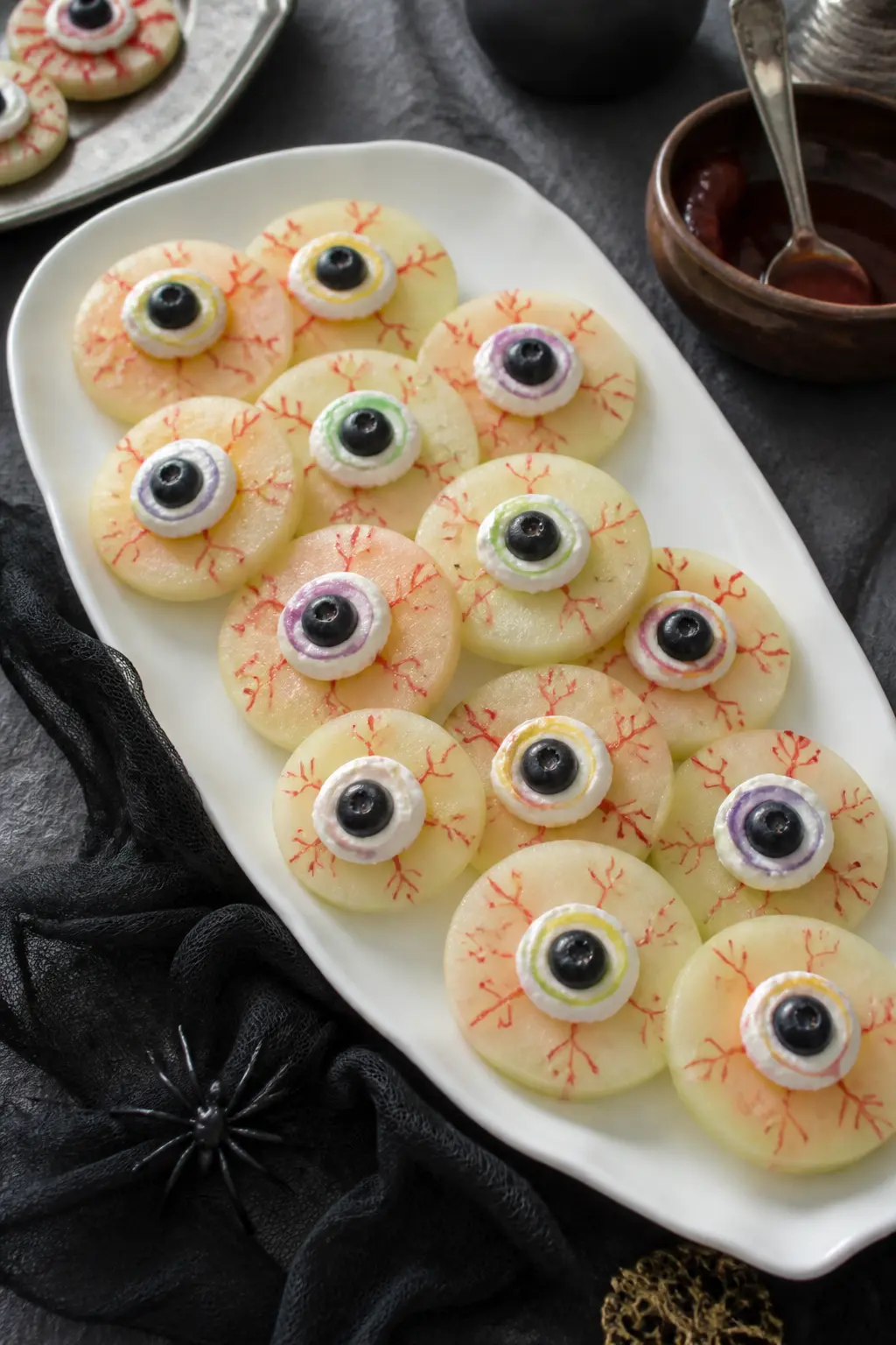 Melon Eyeball Fruit Platter — Cut a watermelon or honeydew into rounds and use a small melon baller or a circular cutter to cut a well in the centre of each
