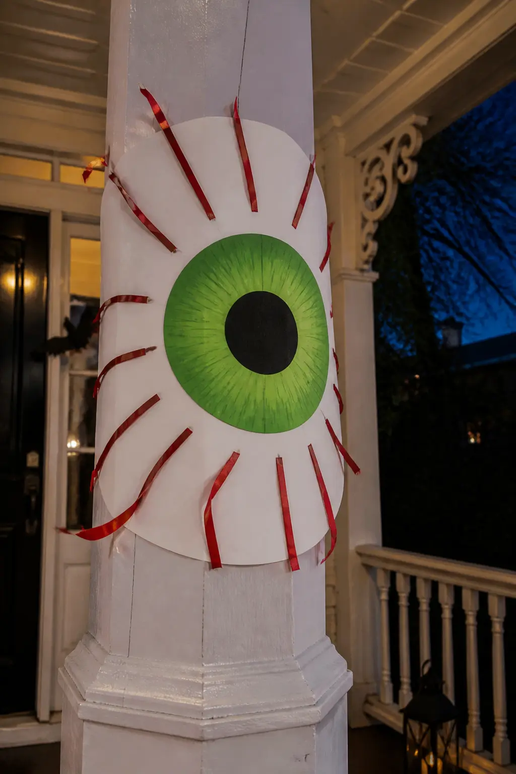Porch Column Eyeball Wrap — Cut a large iris disc from coloured card stock and a larger white circle from poster board. Halloween decorations diy eyeballs