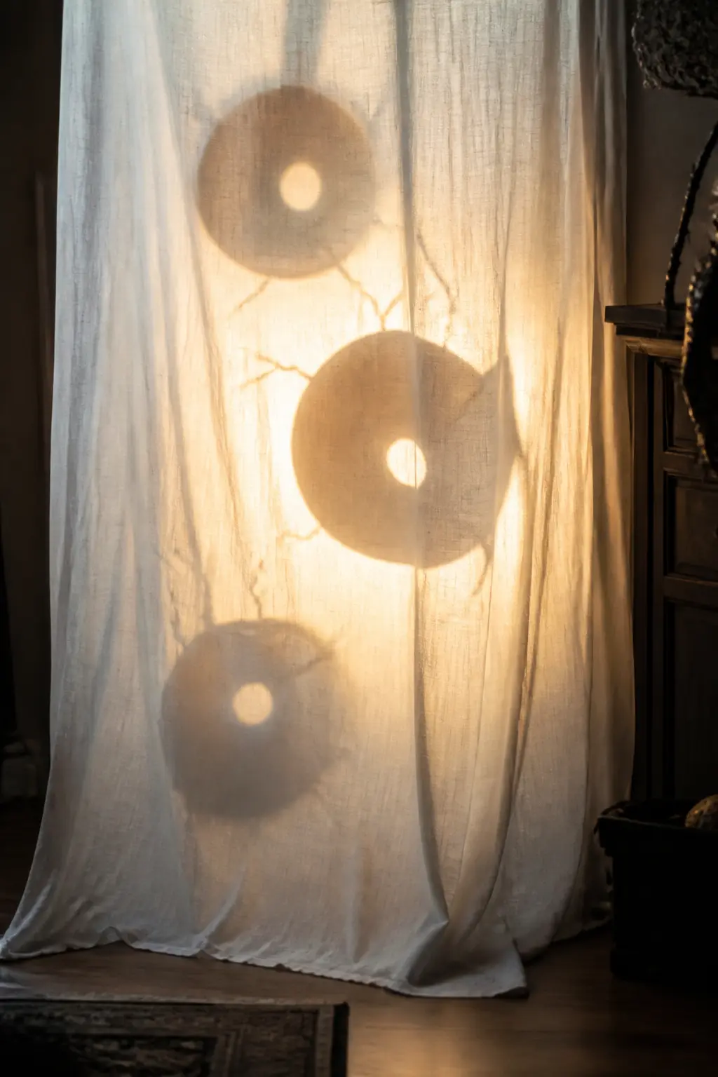 Sheer Curtain Eyeball Shadow Play — Cut large iris and pupil shapes from black card stock and tape them to a sheer white curtain using fabric glue dots.
