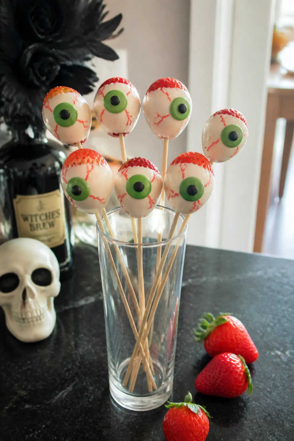 Strawberry Eyeball Skewers — Dip the tip of each strawberry in white chocolate and let it set on a tray. Halloween decorations diy eyeballs