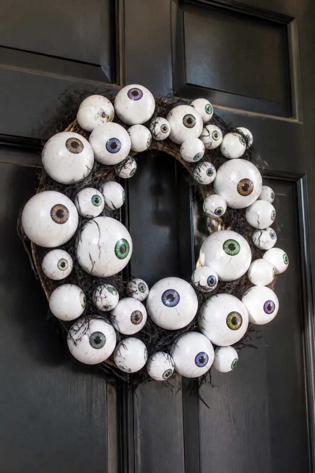 Wreath of Watching Eyes — Start with a plain grapevine or foam wreath base and hot-glue styrofoam balls painted as eyeballs across the front surface, covering
