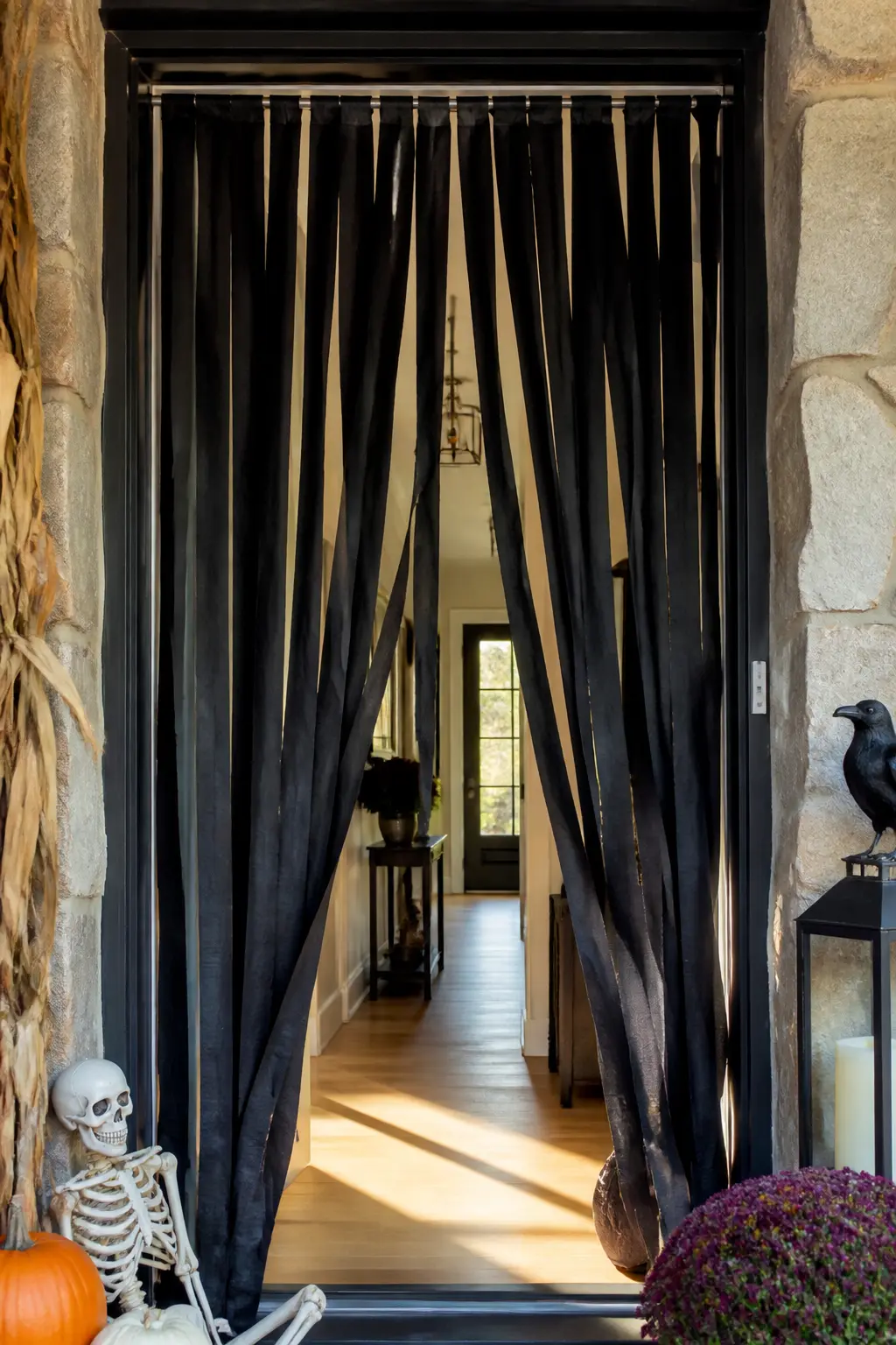 Black Streamers Hung Vertically Across the Doorway