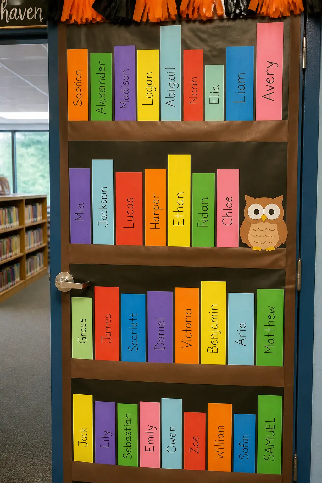 Paper Bookshelf With Student Name Spines Door
