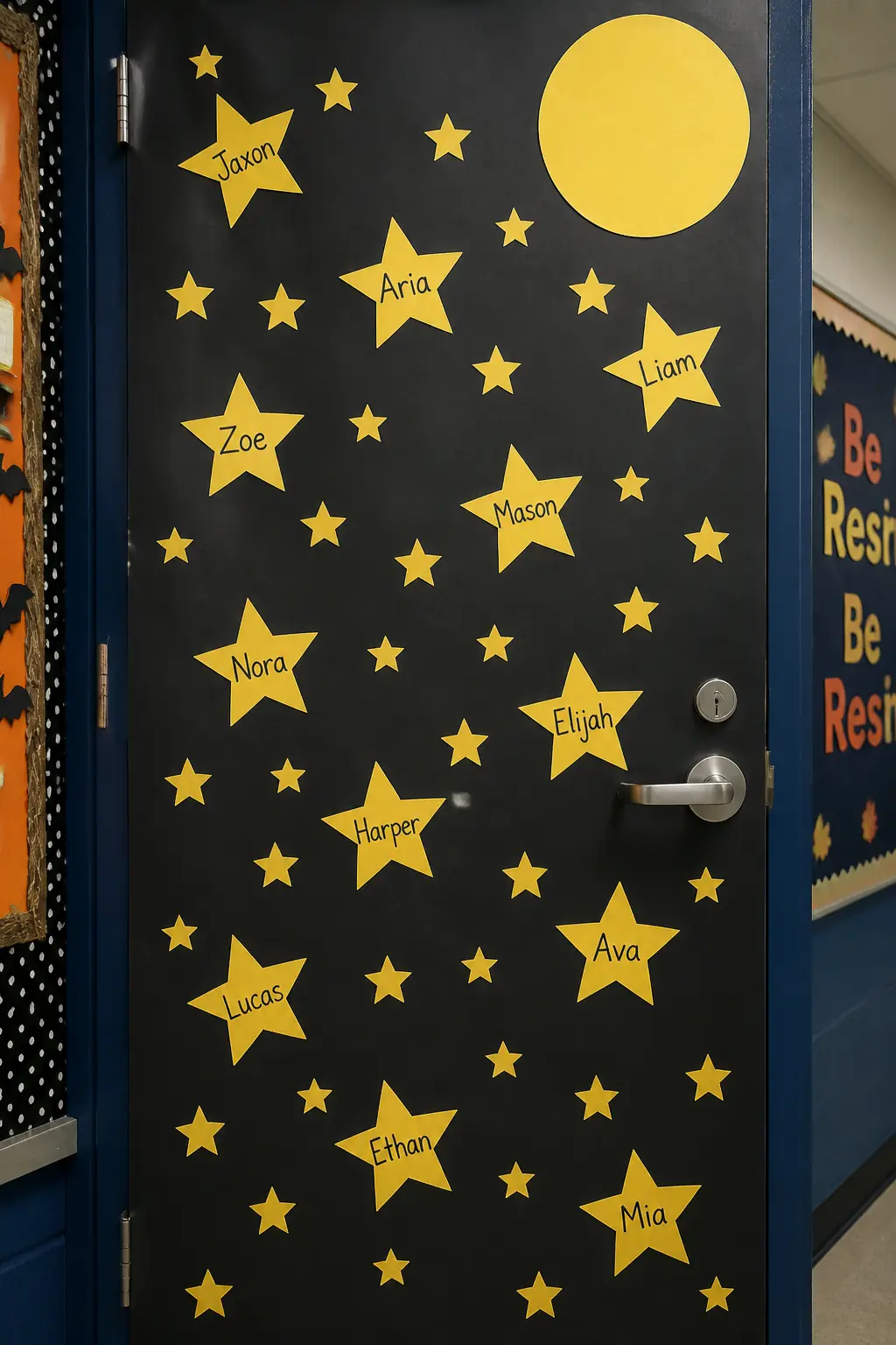 Paper Night Sky With Student Names on Stars Door