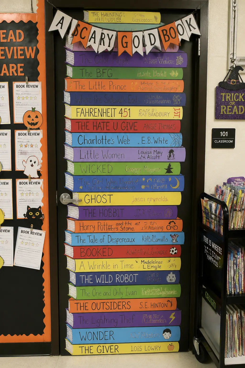 Reading-Themed Door: Books Stacked Floor to Top