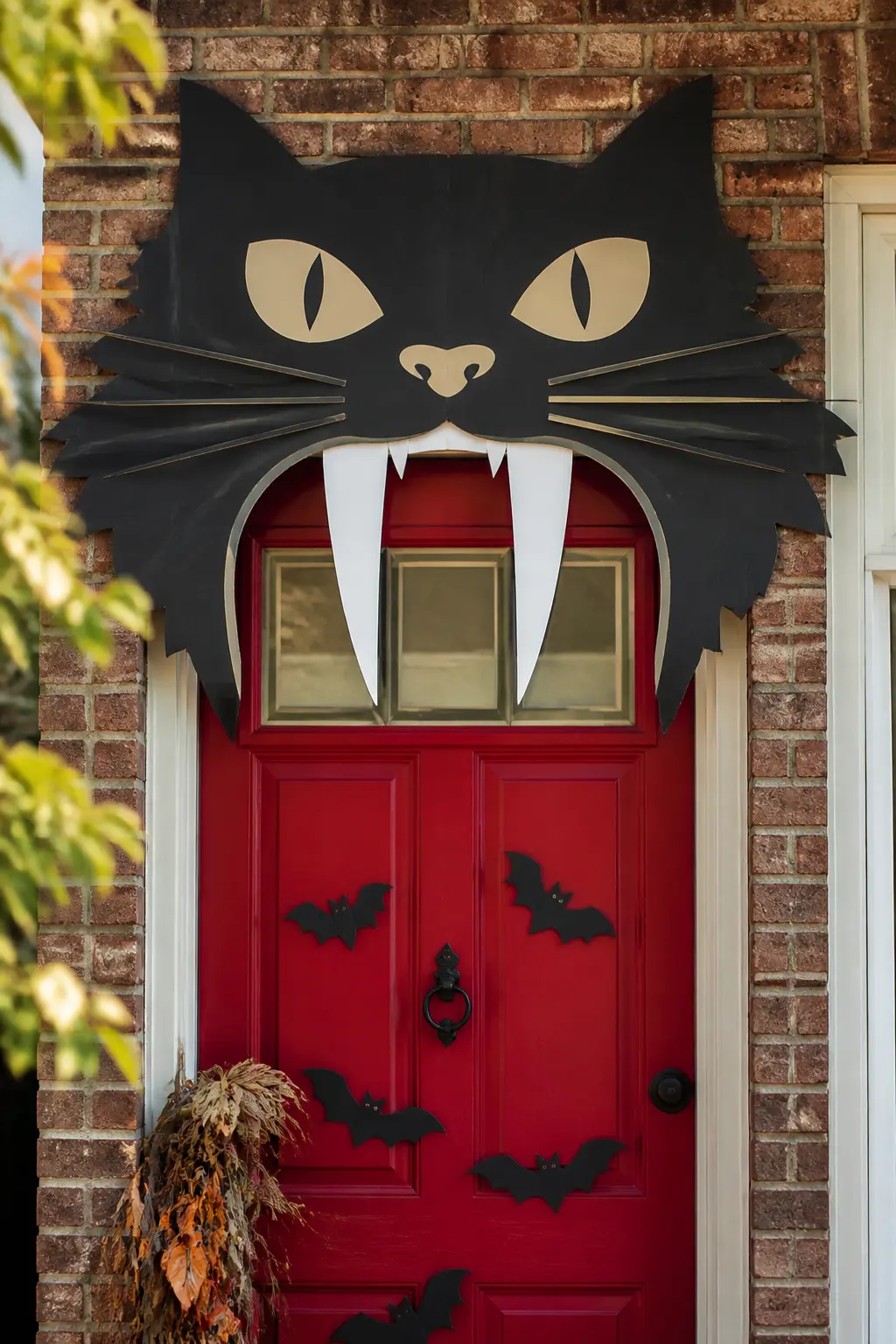 The Screaming Black Cat Topper — Cut a flat cat face from black foam board at door-frame width, with exaggerated teeth that hang down over the top panel like a