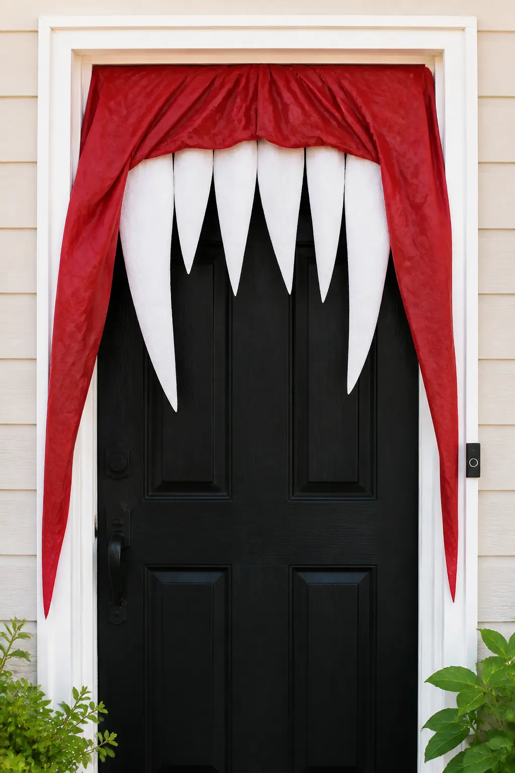 Vampire Mouth with Curtain Fangs — Frame the door as an open vampire mouth. Halloween door decorations contest