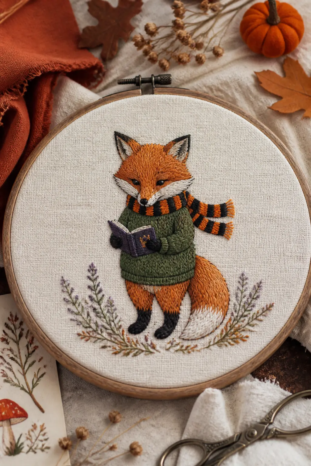 Autumn Fox with a Scarf — A fox in a forest-green jumper and teal trousers, holding a tiny book and a cream mug, stitched in long-and-short satin stitch for