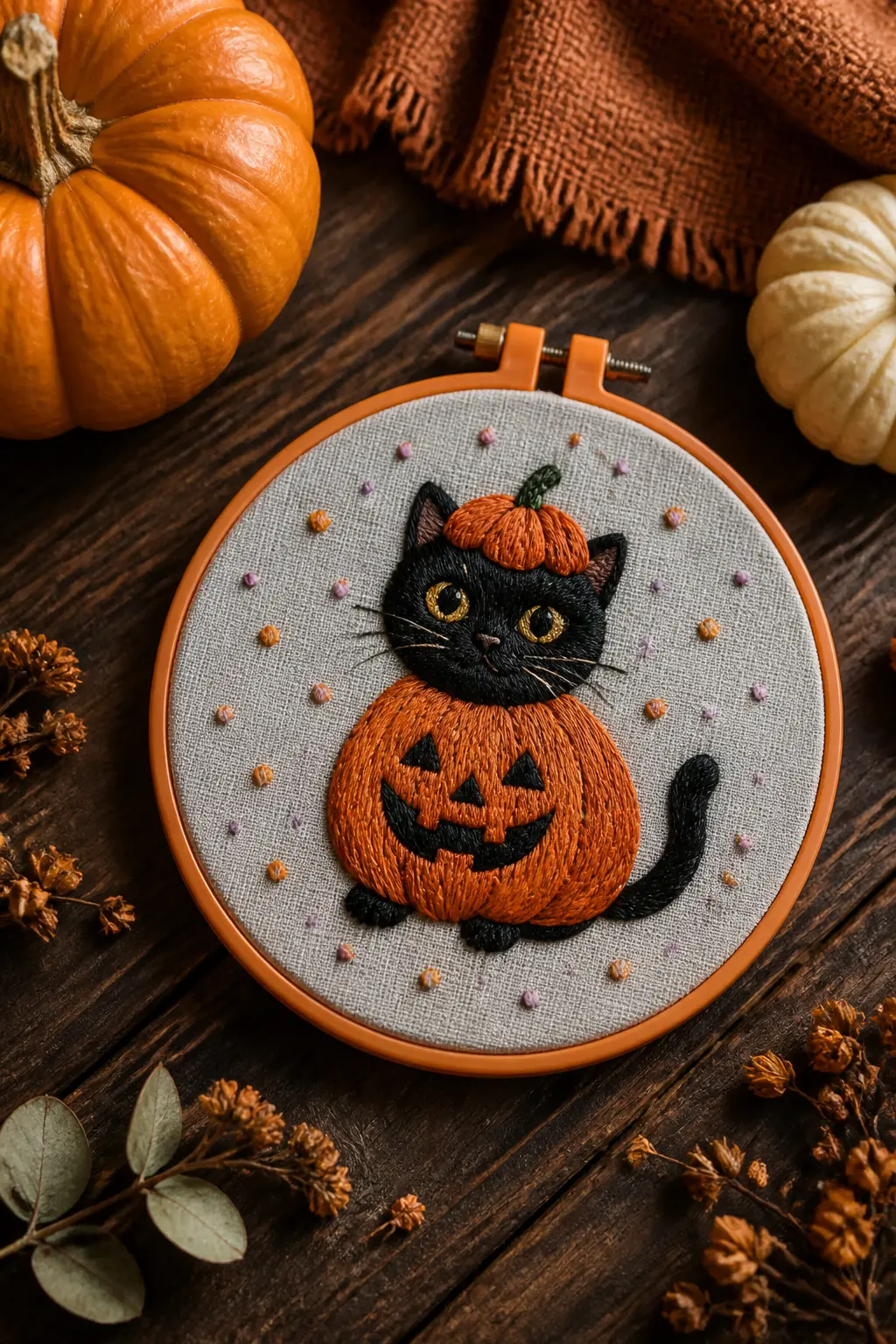 Black Cat in a Pumpkin Costume — A small black cat silhouette wearing an oversized round pumpkin body, stitched onto pale grey linen inside a bright orange