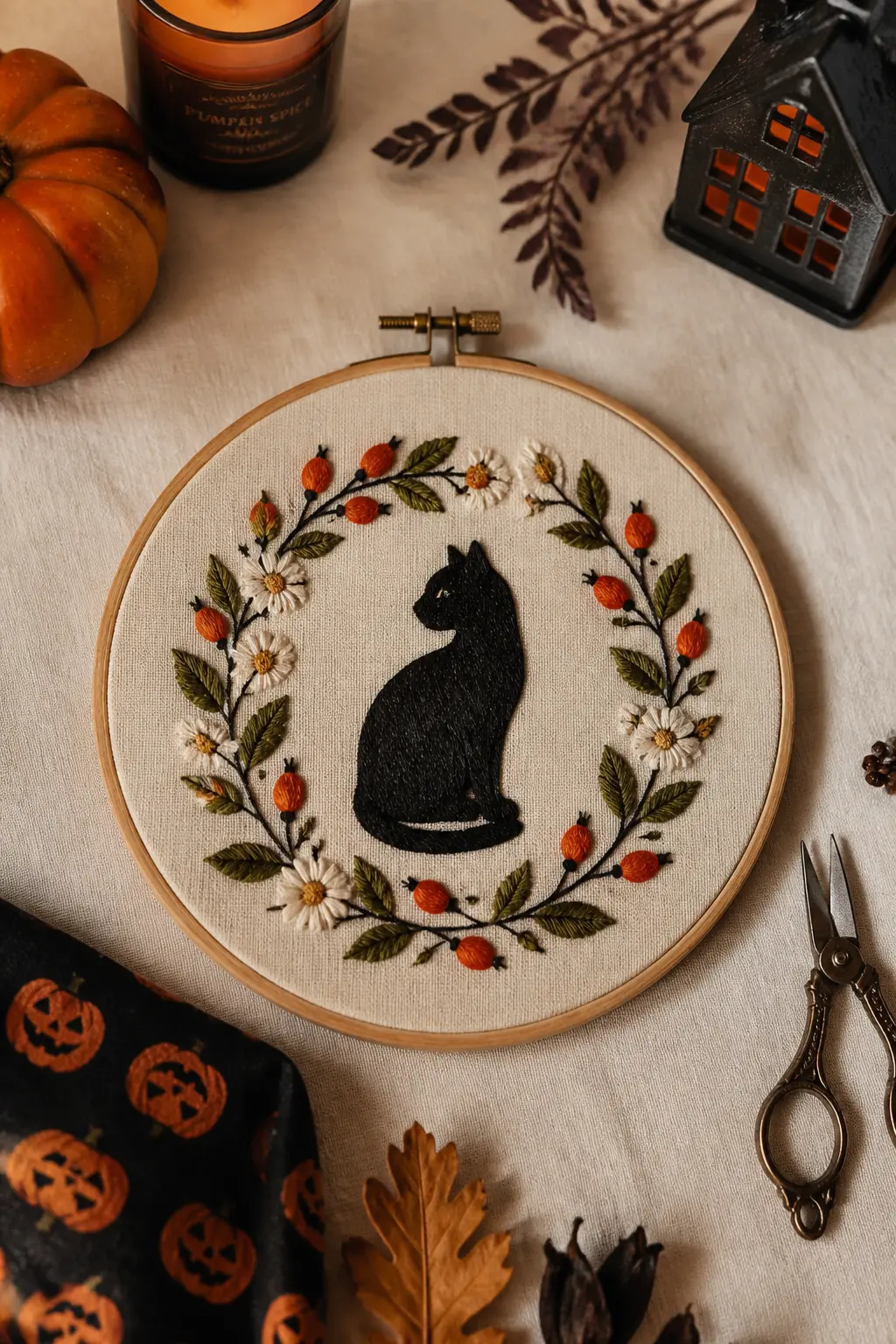 Black Cat Silhouette Wreath — A sitting black cat silhouette in solid satin stitch, surrounded by a wreath of small embroidered botanicals: rosehips in rust