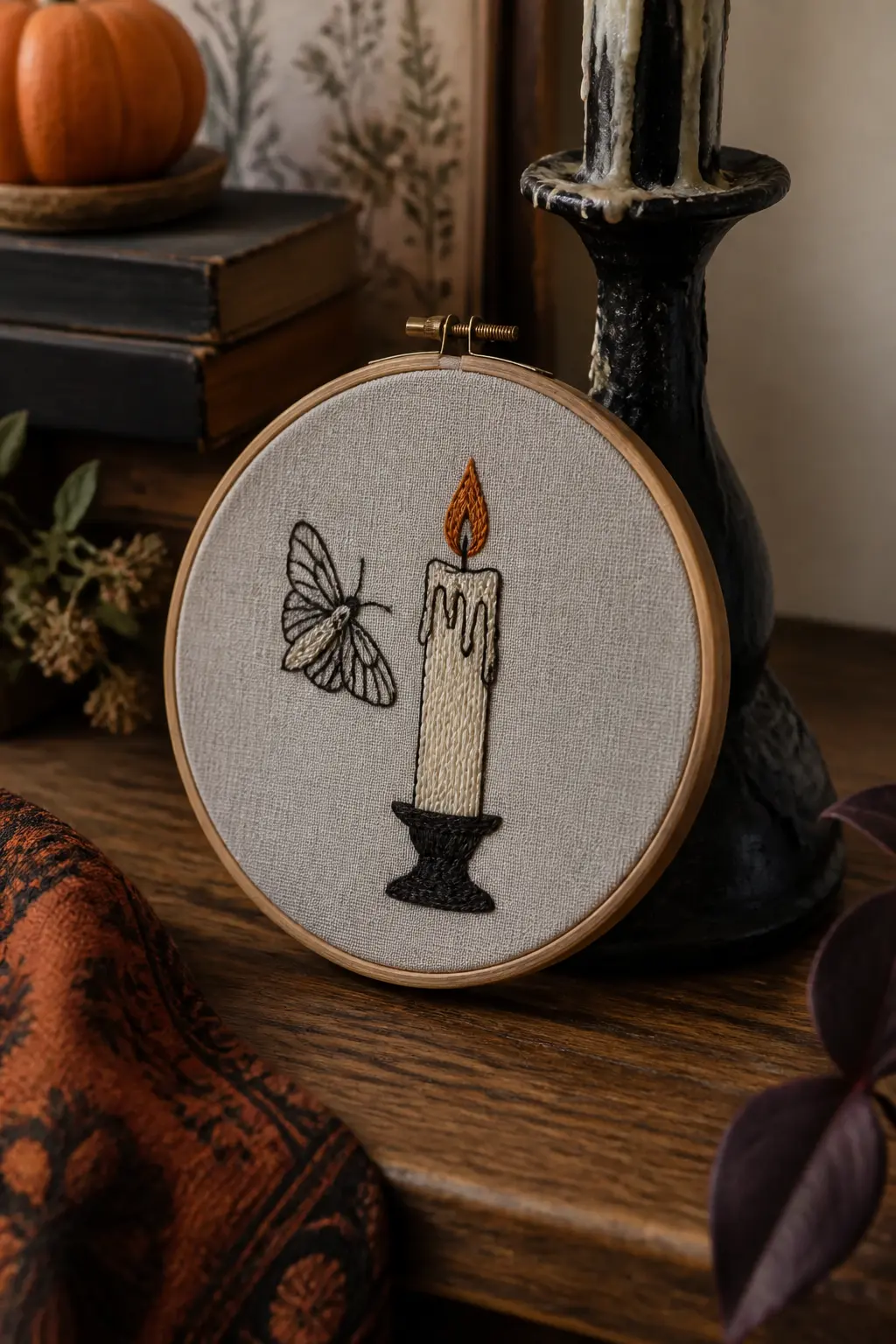 Candle with Moth — A tall taper candle in cream satin stitch, its flame rendered in amber and pale gold long stitches that splay upward. Halloween embroidery