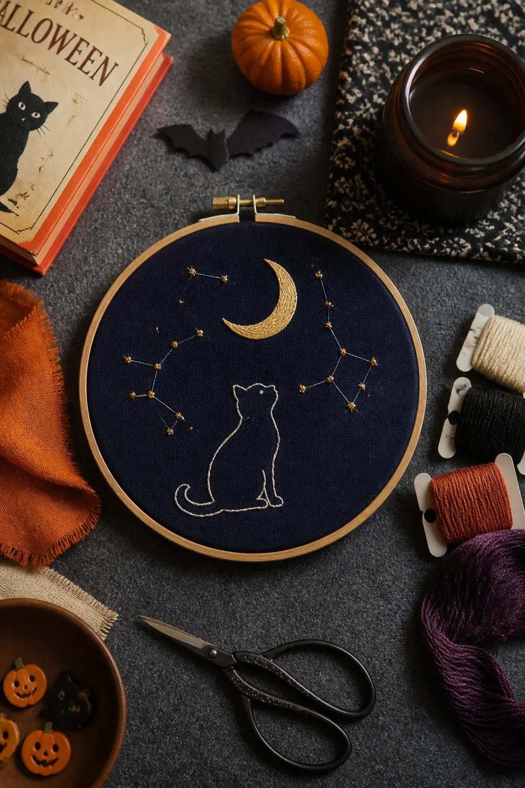 Cat and Moon Constellation — A sitting cat silhouette in outline stitch only (two strands, no fill), with a crescent moon in satin stitch sitting just above
