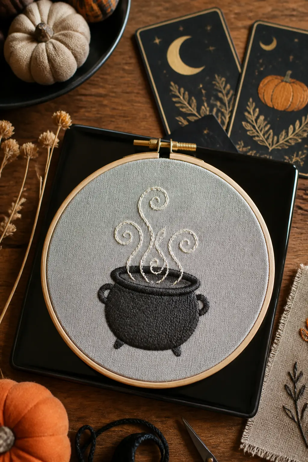 Cauldron with Rising Steam — A round cauldron in dark charcoal satin stitch, its base resting on three short legs in stem stitch. Halloween embroidery ideas