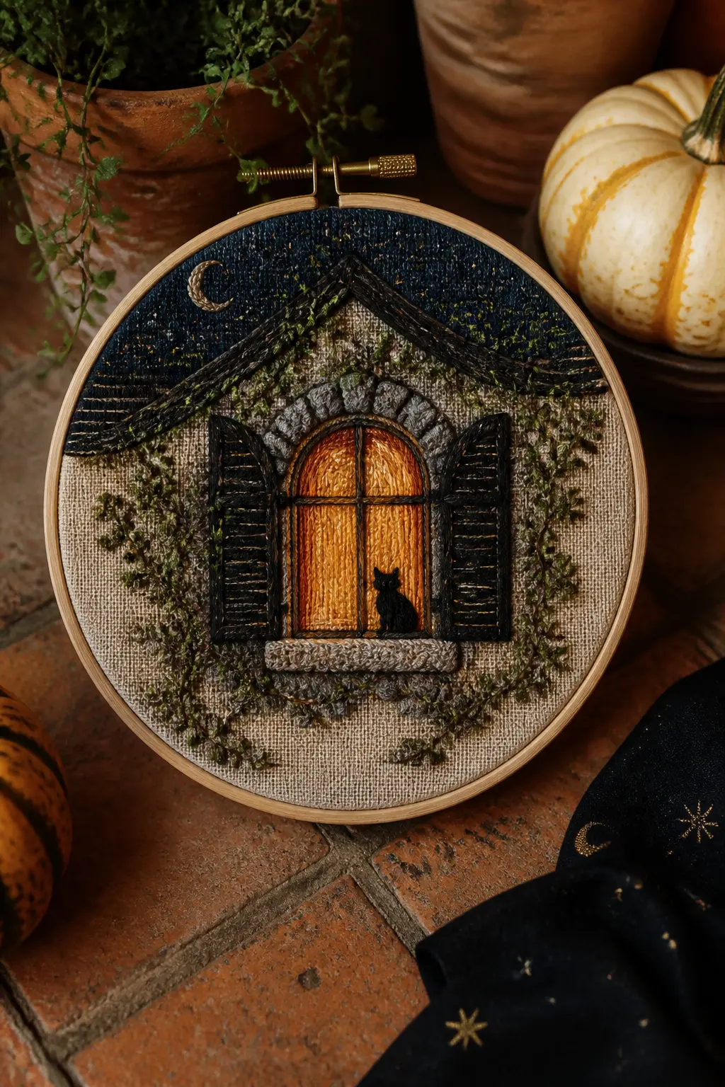 Cottage Window at Night — A stone cottage window frame in split stitch, with amber satin-stitch light behind the panes suggesting a candle inside. Halloween