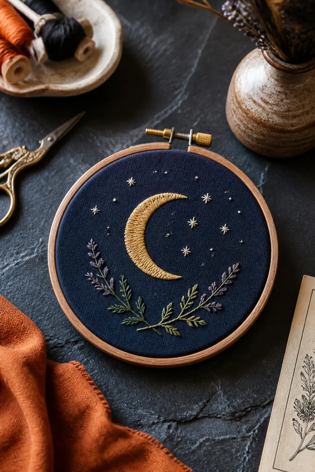 Crescent Moon with Herb Sprigs — A satin-stitch crescent moon in pale gold DMC thread, centred in a 5-inch hoop on dark midnight-blue linen. Halloween