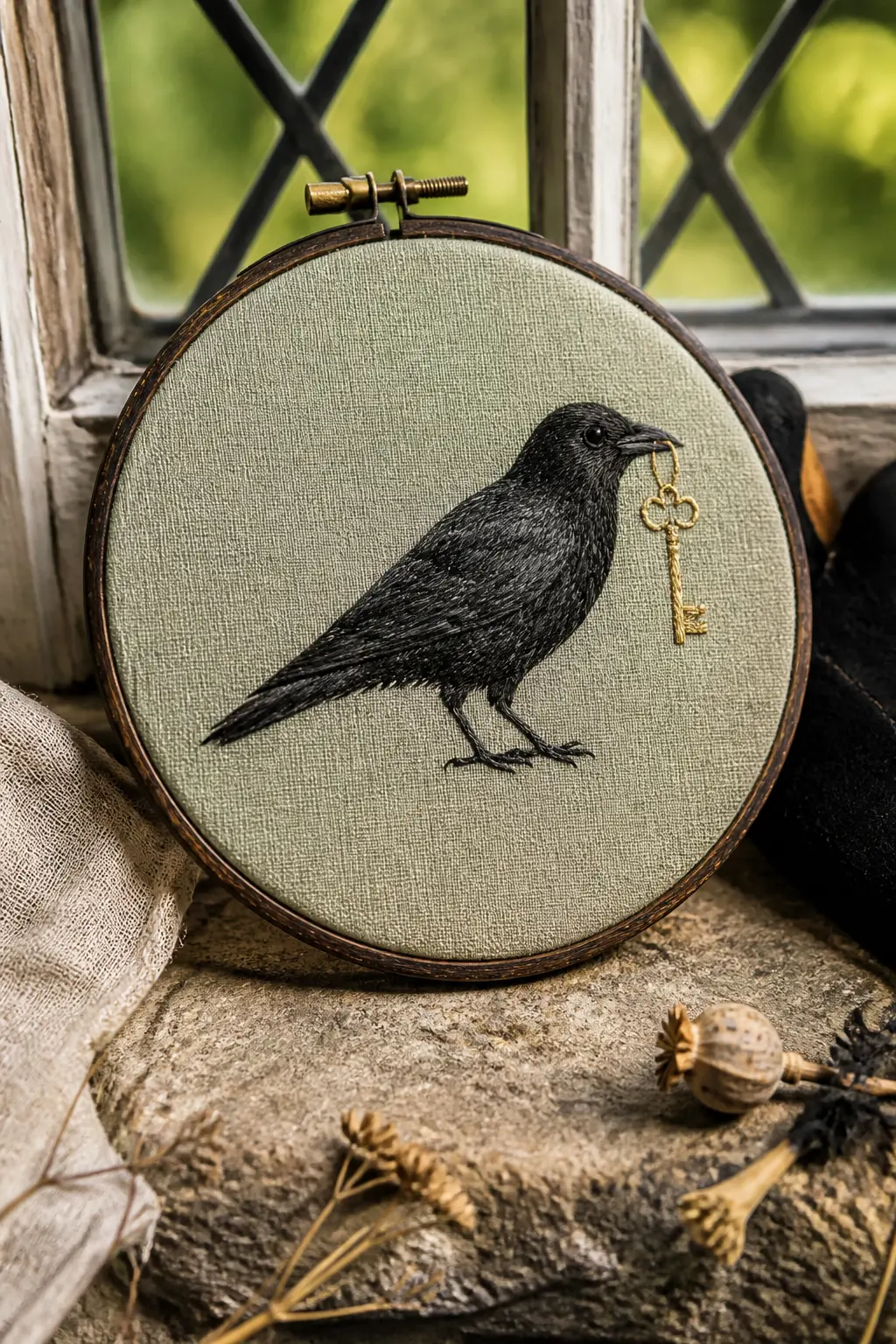 Crow and Key — A crow in three-quarter view holding an old-fashioned key in its beak, stitched in long-and-short satin stitch with the same