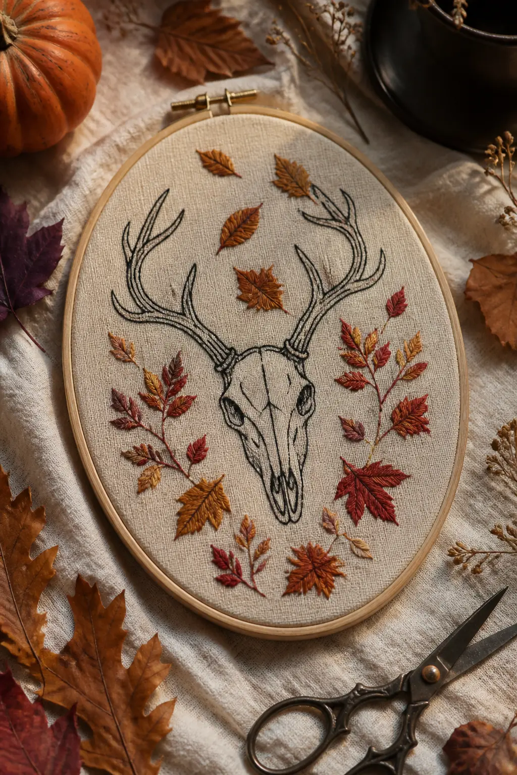 Deer Skull with Autumn Leaves — A front-facing deer skull in outline and sparse satin-stitch fill, with two antlers extending above it framed by clusters of