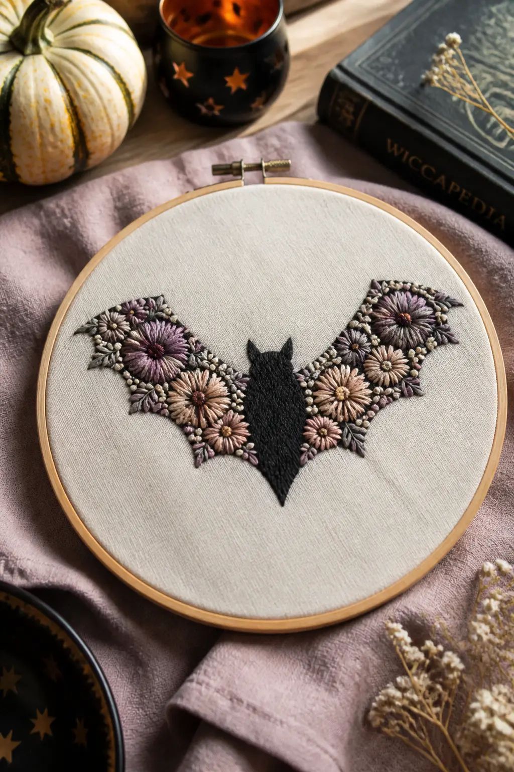 Floral Bat — A bat silhouette with wings spread wide, filled entirely with small lazy-daisy flowers in muted purple and dusty pink instead of solid satin