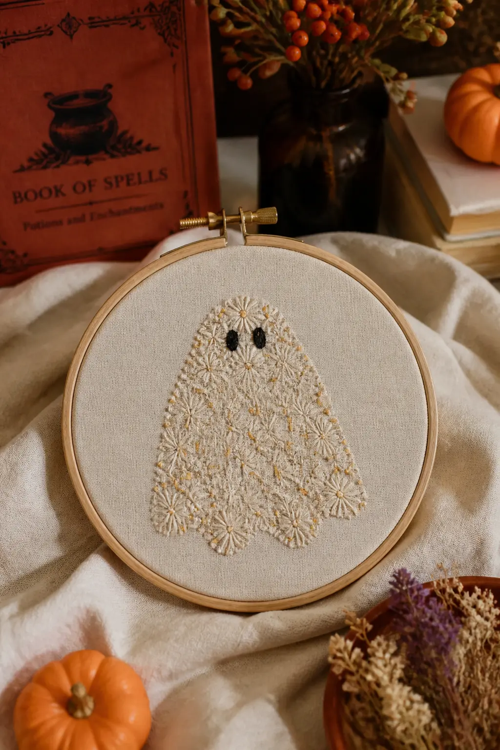 Floral Ghost — A ghost silhouette filled entirely with tiny flowers and leaves rather than solid thread, in the same logic as the floral pumpkin. Halloween