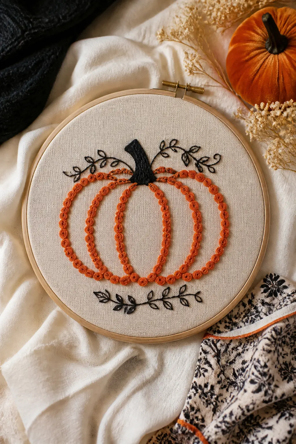 Floral Pumpkin Outline — The pumpkin silhouette is filled entirely with tightly coiled French-knot roses in burnt orange, with black stem-stitch leaves and