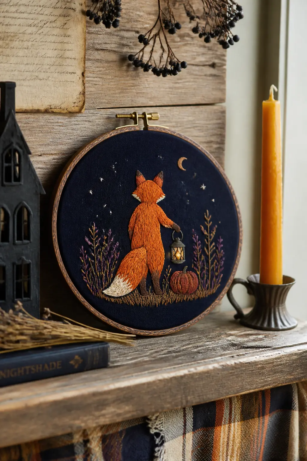 Fox with a Lantern at Night — A walking fox from behind, tail raised and curling, carrying a small lantern by its handle. Halloween embroidery ideas