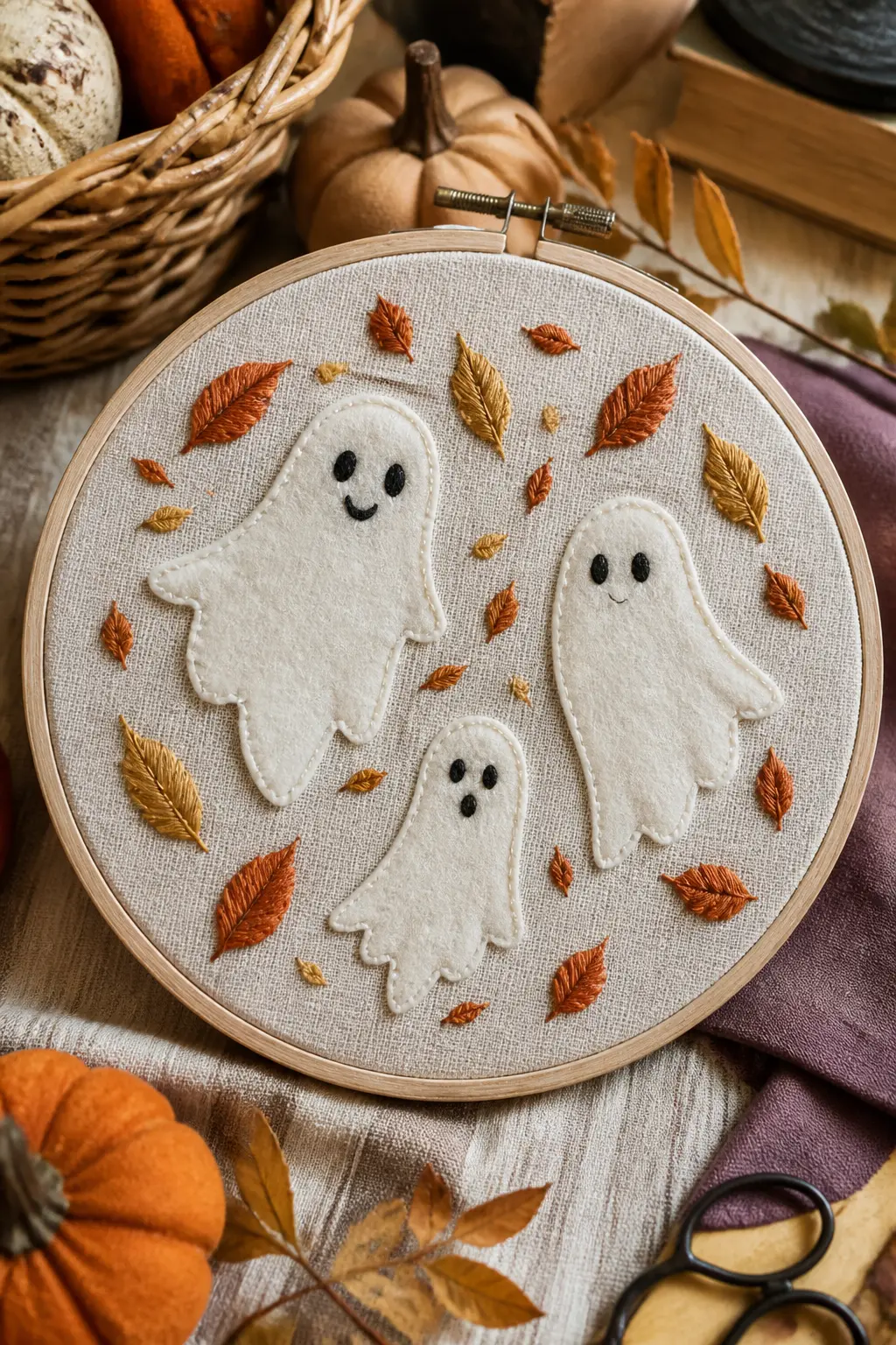 Ghost Trio in Falling Leaves — Three small ghosts of different sizes, each in a slightly different pose, surrounded by falling satin-stitch leaves in rust
