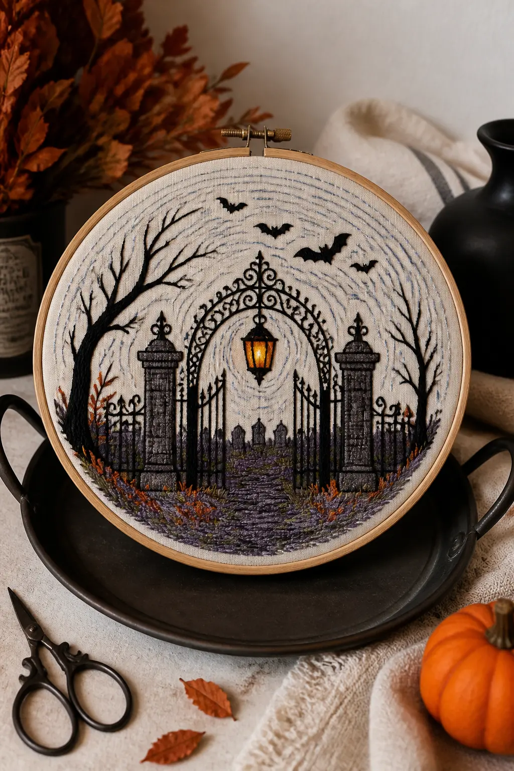 Graveyard Gate at Dusk — Two iron gate posts in dark grey split stitch with a simple arched gate between them, a lantern hanging from the arch centre in warm