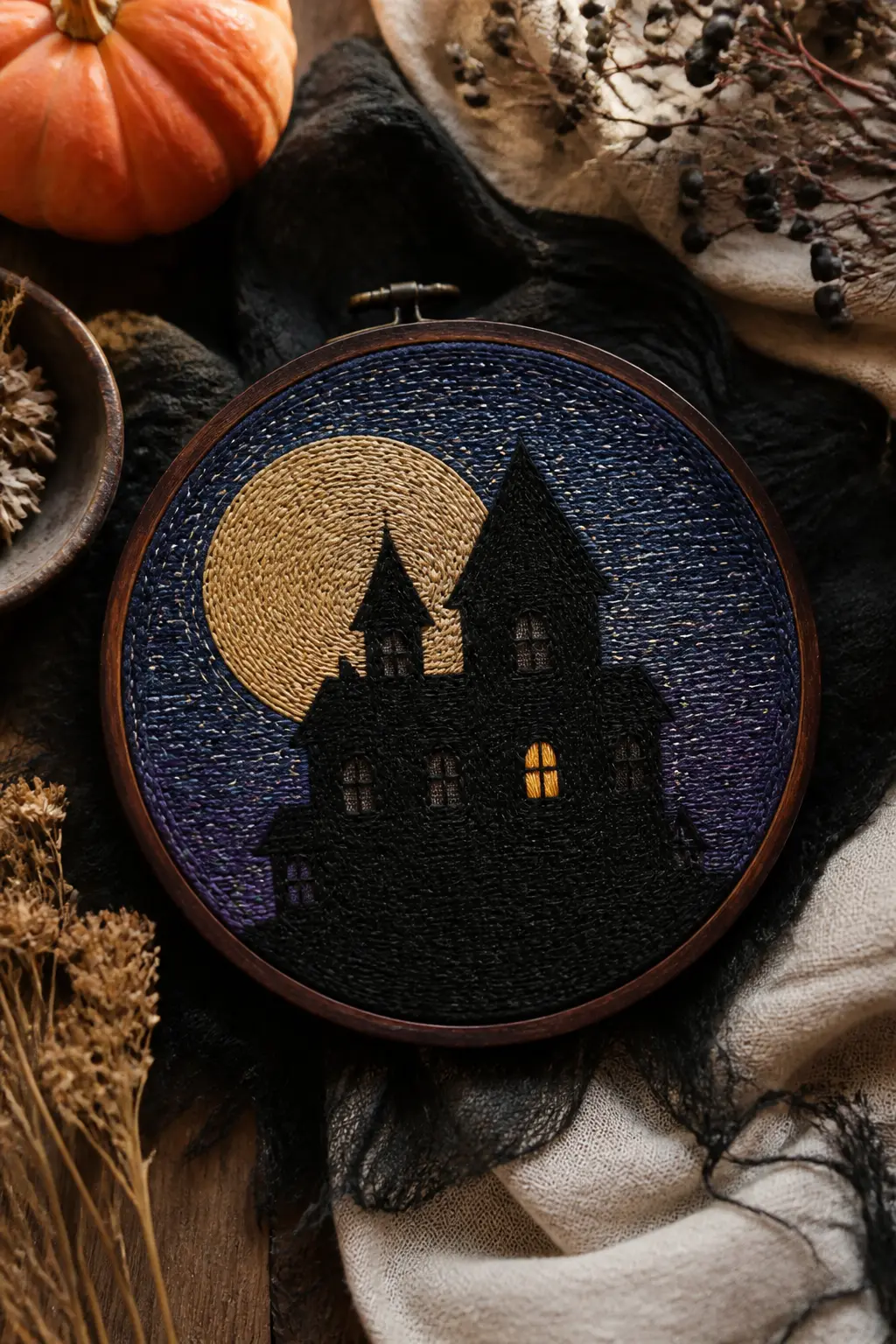 Haunted House in Silhouette — A Victorian house silhouette in solid near-black satin stitch, with a full moon in pale gold satin stitch rising behind it.