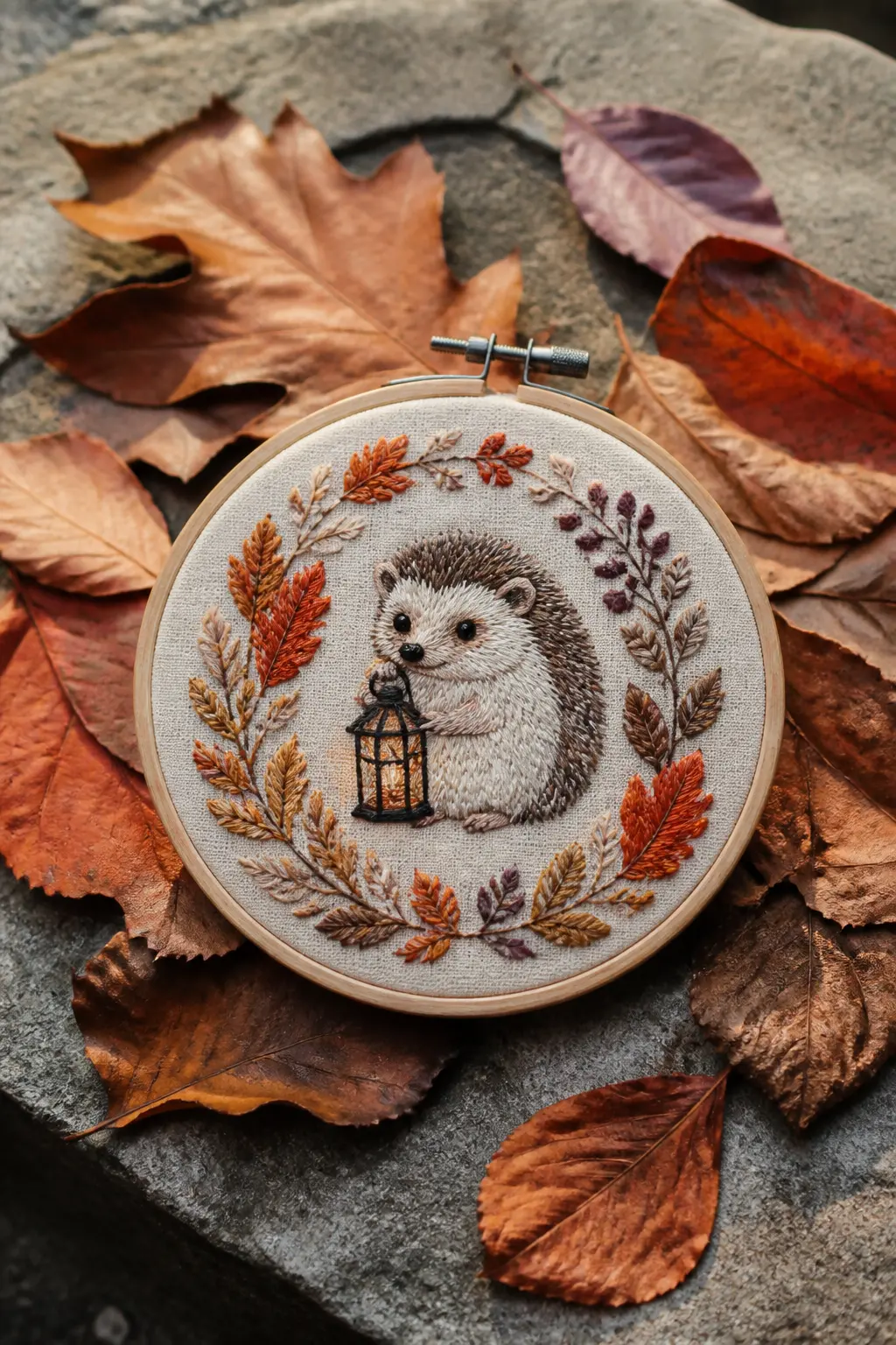 Hedgehog with a Lantern — A small round hedgehog carrying a tiny embroidered lantern, stitched in straight stitches radiating outward for the spines and a
