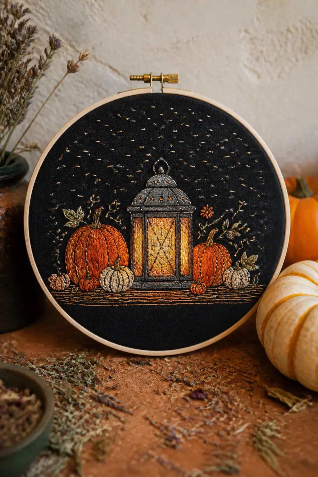 Lantern Among Pumpkins — A simple iron lantern in split stitch and straight stitch, glowing amber at the centre, flanked by two small pumpkins and a few dried