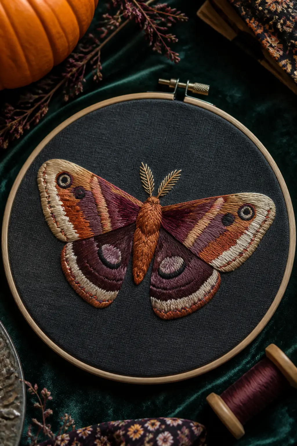 Moth on Dark Ground — A large atlas moth, wings spread symmetrically, stitched in long-and-short satin stitch on charcoal or dark forest-green linen. Halloween