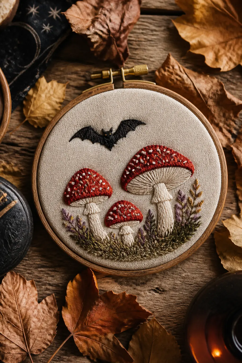 Mushroom and Bat Cluster — Two or three fly agaric mushrooms (red caps with white spots, white stems) growing from a leaf-littered ground, with a small bat