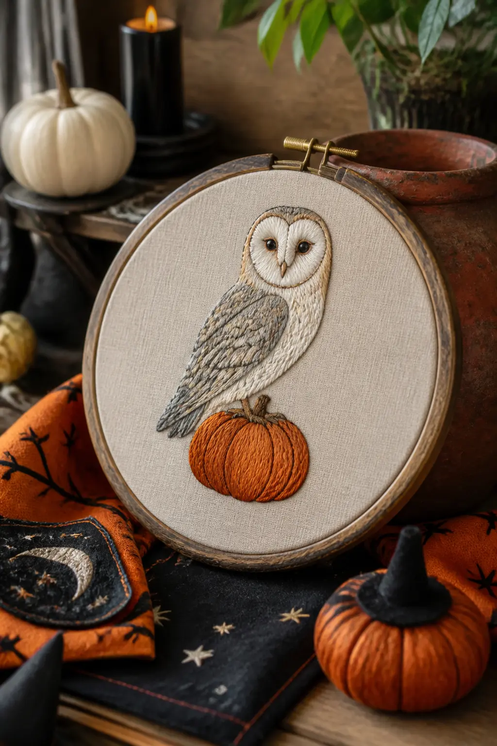 Owl on a Pumpkin — A round barn owl perched on top of a small satin-stitch pumpkin, stitched in split stitch and long-and-short stitch. Halloween embroidery