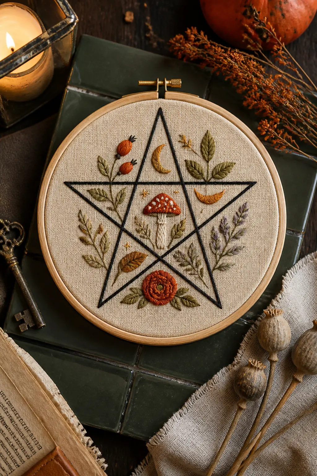 Pentagram with Botanical Fill — A five-pointed star outline in two strands of black split stitch, with small botanical elements filling each segment of the
