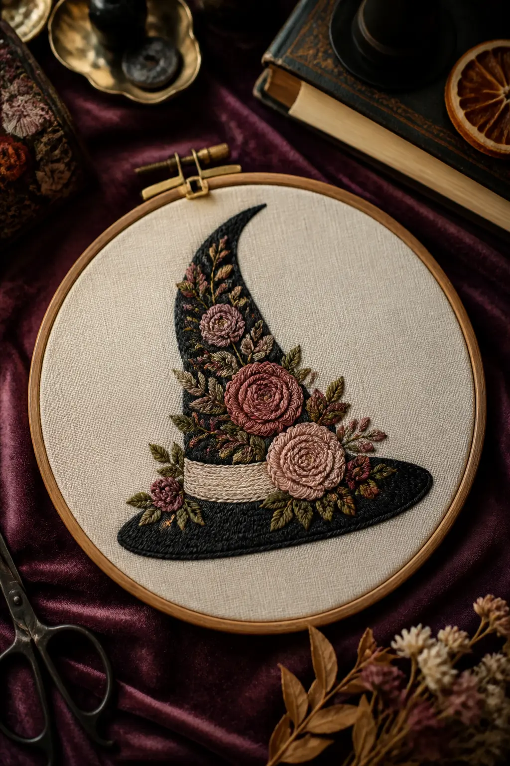 Peony Witch Hat — A witch hat silhouette, wide brimmed and sharply pointed, filled entirely with tightly packed peony roses in dusty rose and deep plum, with