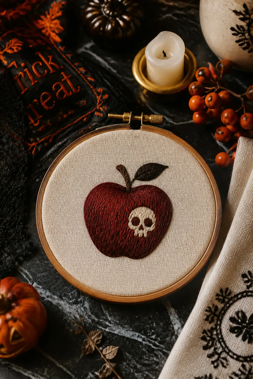 Poison Apple — A single apple in long-and-short satin stitch, deep red shading to dark garnet at the base, with a small satin-stitch leaf and a twisted stem.