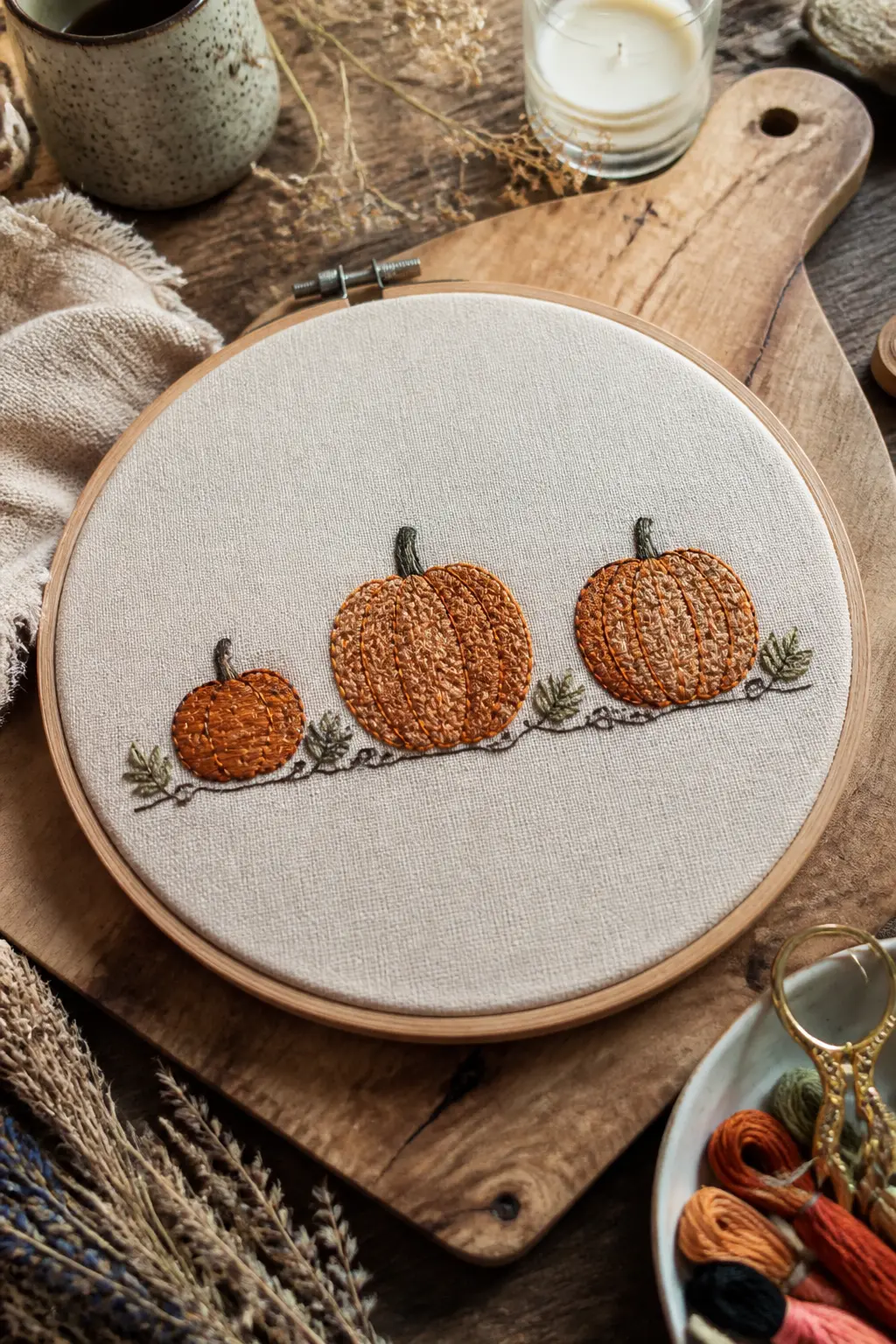 Pumpkin Patch Row — Three pumpkins in a row, each a different size and each with a slightly different stem, stitched in adjacent satin-stitch segments.