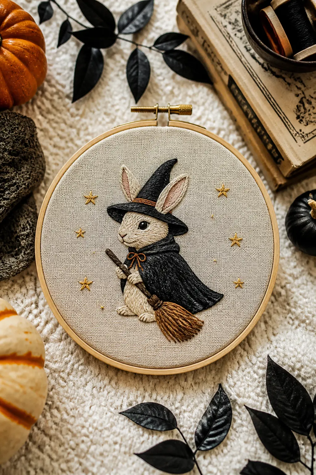 Rabbit Witch — A small upright rabbit wearing a tiny black witch hat and a dark cloak, rendered in split stitch for the outline and long-and-short satin stitch