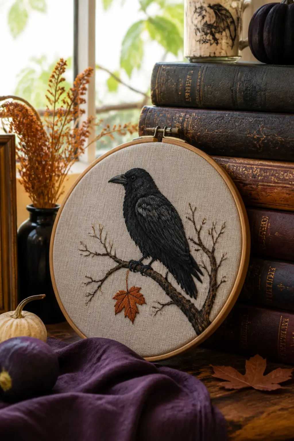 Raven on a Branch — A raven in profile, perched on a bare branch, stitched in long-and-short satin stitch using near-black and dark charcoal threads to suggest
