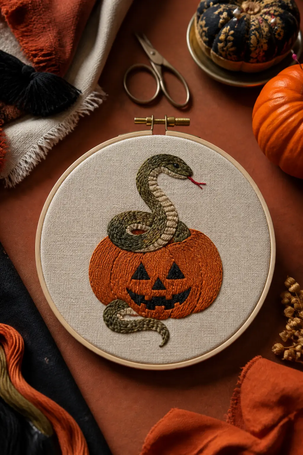 Serpent in a Pumpkin — A coiled serpent emerging from an open pumpkin top, its body in long-and-short satin stitch using dark olive, warm tan and cream to