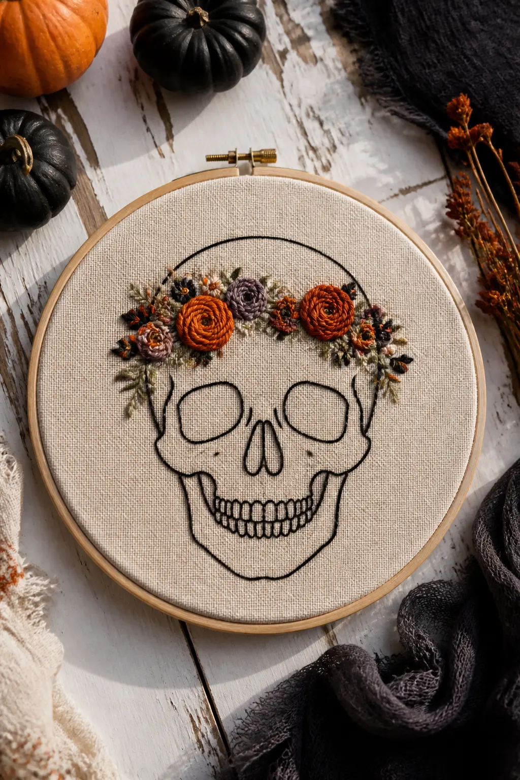 Skull with a Floral Crown — A front-facing skull in outline stitch, small enough to fit comfortably in a 4-inch hoop, with a wreath of small roses and leaves