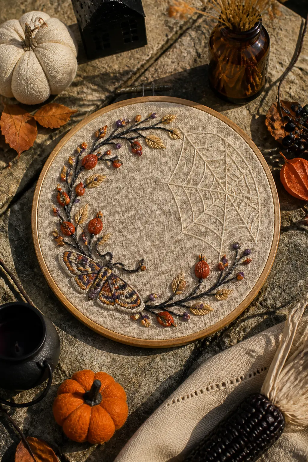 Spiderweb Wreath — A circular wreath frame built from intertwined bare branches in stem stitch, with a partial spiderweb filling one lower quadrant of the